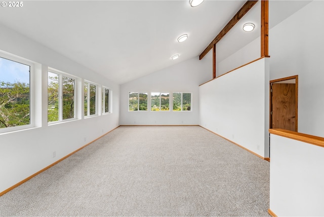 250 Valley View Rd, Sutherlin, OR 97479 - spare room featuring carpet floors, baseboards, high vaulted ceiling, beam ceiling, and recessed lighting