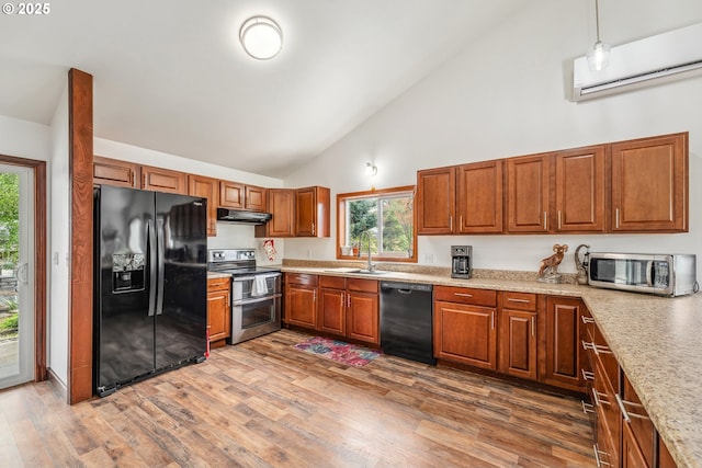 250 Valley View Rd, Sutherlin, OR 97479 - kitchen featuring black appliances, a sink, under cabinet range hood, a wall mounted AC, and high vaulted ceiling