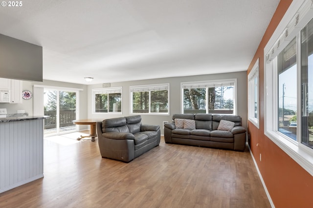 living room with light wood-style flooring and baseboards