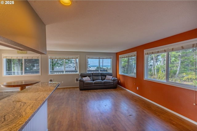 unfurnished living room featuring plenty of natural light, baseboards, and wood finished floors