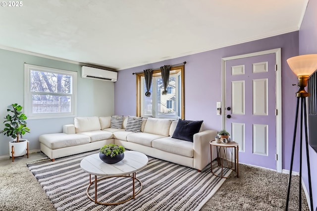 carpeted living room featuring a wall mounted AC and ornamental molding