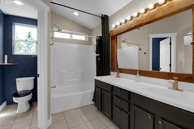 5416 Wales Dr, Eugene, OR 97402 - full bath featuring double vanity, shower / bath combination with curtain, tile patterned flooring, and lofted ceiling