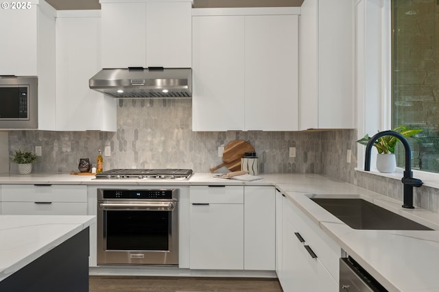 kitchen with ventilation hood, sink, white cabinets, stainless steel appliances, and light stone countertops