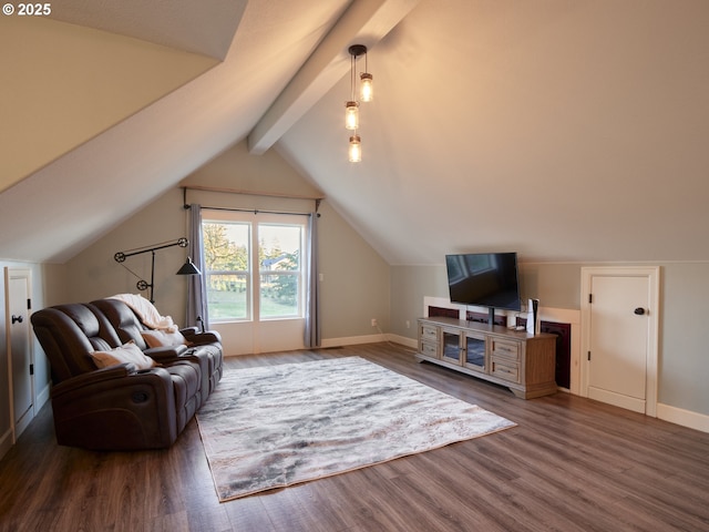 bonus room featuring lofted ceiling with beams and dark hardwood / wood-style floors