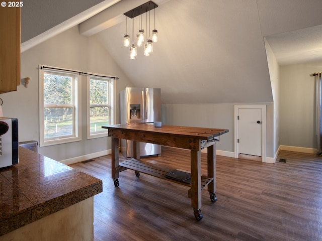 office with lofted ceiling with beams, a chandelier, and dark hardwood / wood-style flooring