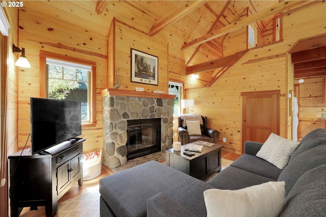 living area with wood ceiling, a fireplace, wood walls, wood finished floors, and beamed ceiling