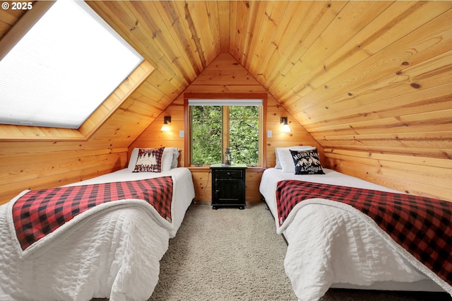 bedroom with wood ceiling, carpet flooring, wood walls, and lofted ceiling