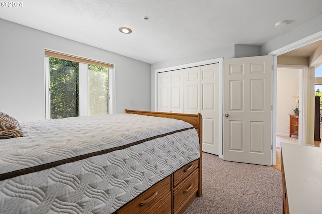 bedroom featuring light carpet and a closet