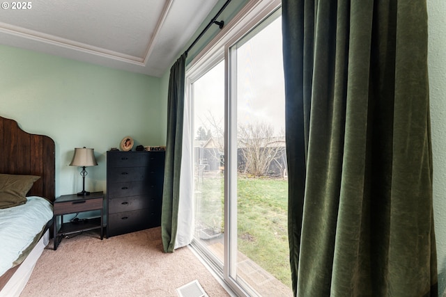 bedroom featuring multiple windows and light carpet