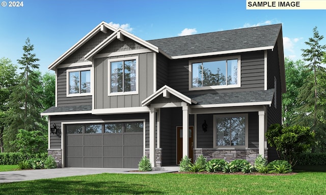 craftsman-style home featuring a front lawn and a garage