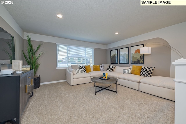 carpeted living room with a textured ceiling