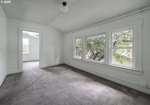 carpeted spare room featuring lofted ceiling, healthy amount of natural light, baseboards, and a textured ceiling