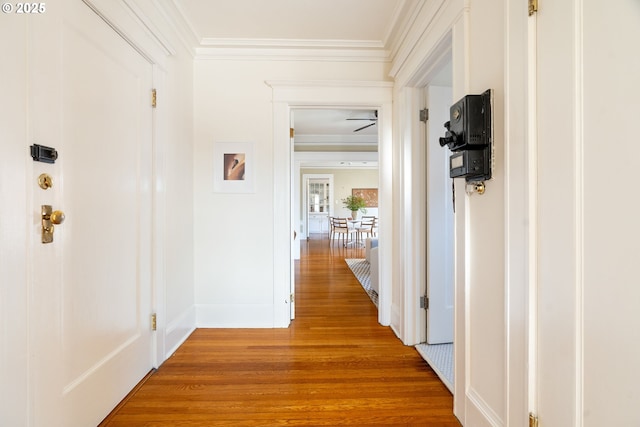 corridor with hardwood / wood-style flooring and ornamental molding