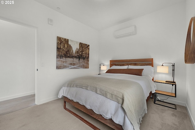 bedroom with light colored carpet and an AC wall unit