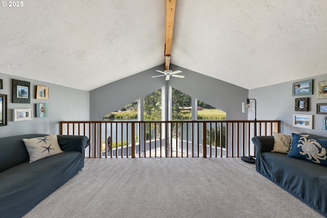 33645 Resort Dr, Pacific City, OR 97135 - living area featuring a textured ceiling, carpet floors, and ceiling fan