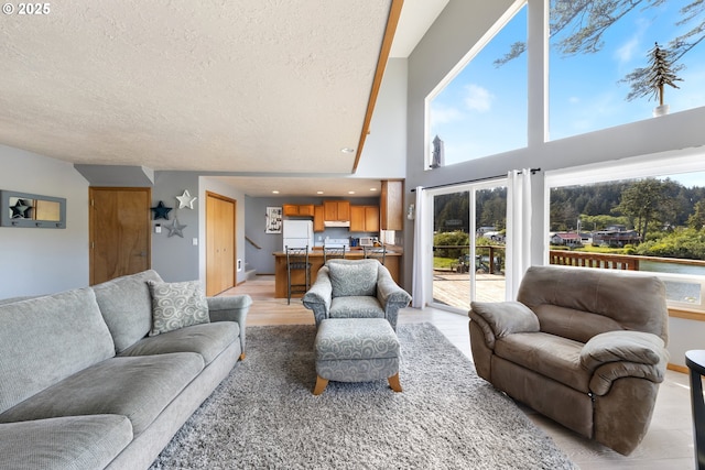 33645 Resort Dr, Pacific City, OR 97135 - living area featuring healthy amount of natural light, light wood-style floors, a textured ceiling, a high ceiling, and recessed lighting