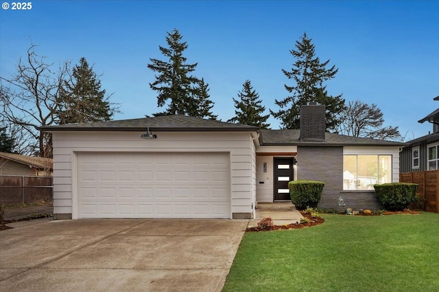 single story home with driveway, a garage, fence, and a front yard