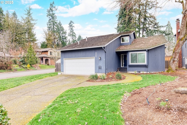 view of front of home featuring a front yard, a shingled roof, concrete driveway, a garage, and crawl space