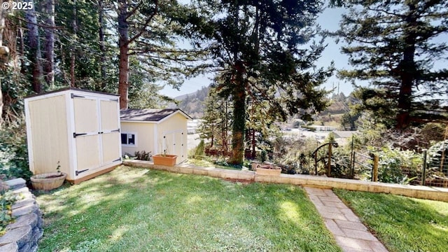 view of yard featuring an outbuilding and a storage unit