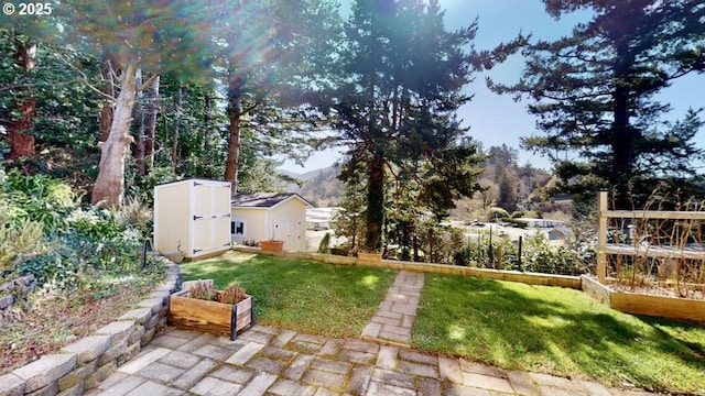 view of yard featuring an outdoor structure, a garden, and a shed