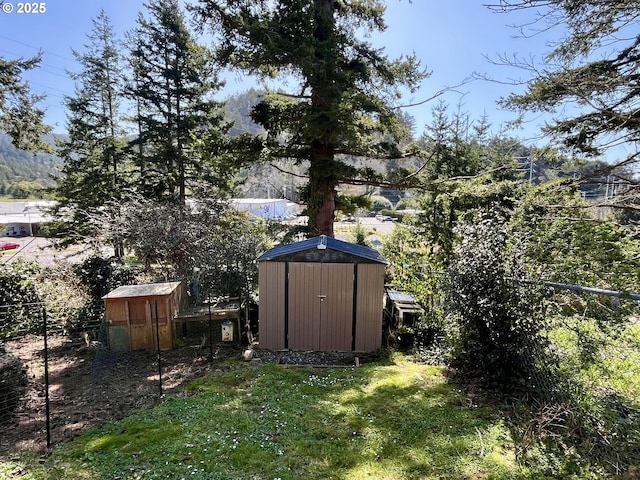 view of yard with an outbuilding and a shed