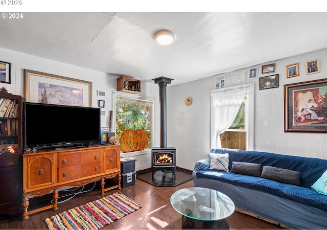 living area featuring a wood stove, baseboards, and wood finished floors