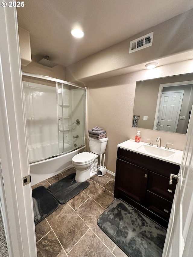 full bath with a combined bath / shower with rainfall shower, visible vents, toilet, baseboards, and vanity