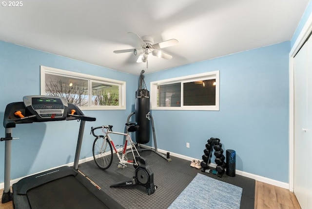 185 W Oriole Dr, Roseburg, OR 97471 - workout room with baseboards, wood finished floors, and ceiling fan