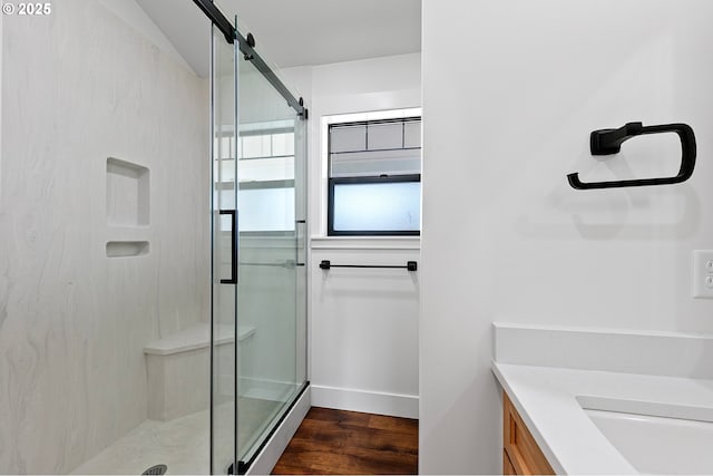 31395 Kenady Ln, Cottage Grove, OR 97424 - bathroom with a shower stall, vanity, and wood finished floors