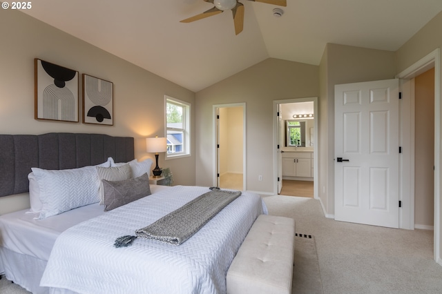 10134 SE 54th Ct, Milwaukie, OR 97222 - bedroom featuring light carpet, vaulted ceiling, ensuite bathroom, baseboards, and a ceiling fan