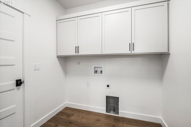 88109 Jameson Way, Veneta, OR 97487 - laundry room featuring baseboards, dark wood-style floors, cabinet space, hookup for an electric dryer, and washer hookup