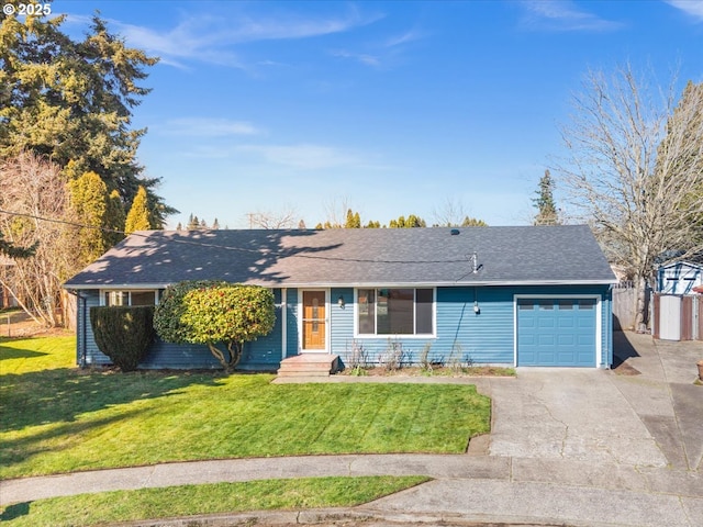 single story home with a garage, concrete driveway, and a front yard