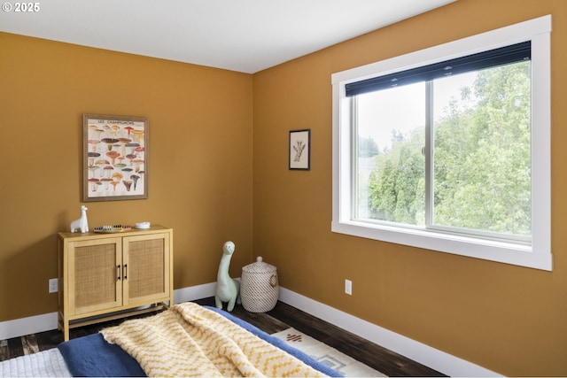 bedroom with baseboards, multiple windows, and wood finished floors