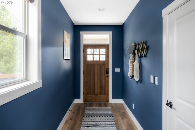doorway with baseboards and wood finished floors