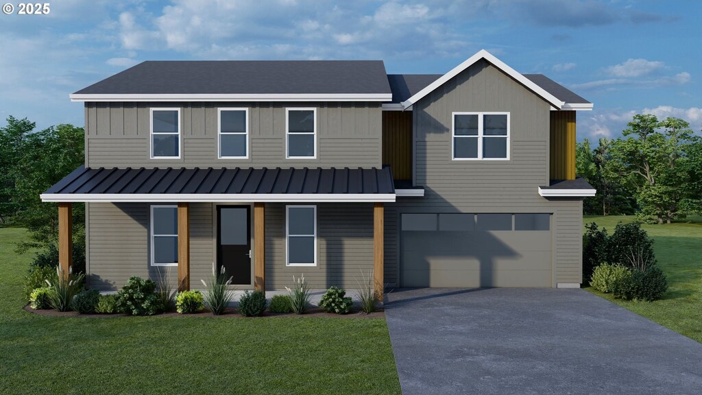view of front facade featuring board and batten siding, an attached garage, driveway, and a front yard