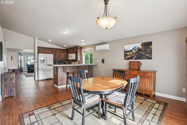 2812 NE Delancey Ct, Vancouver, WA 98682 - dining room with a wall mounted air conditioner, wood finished floors, lofted ceiling, and recessed lighting