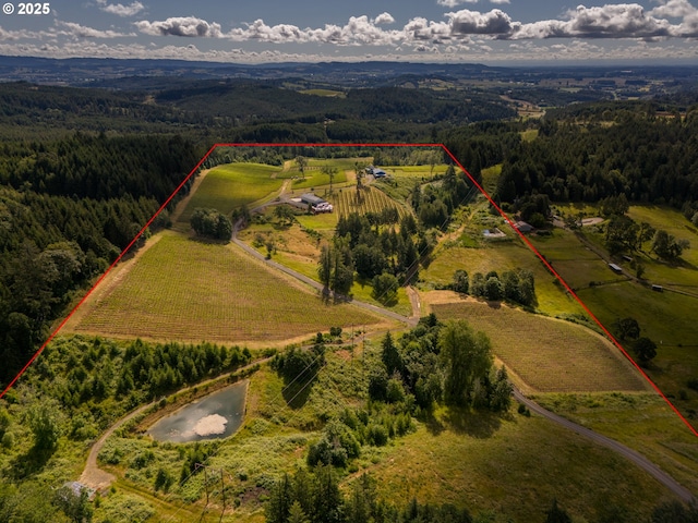 drone / aerial view with a forest view and a rural view