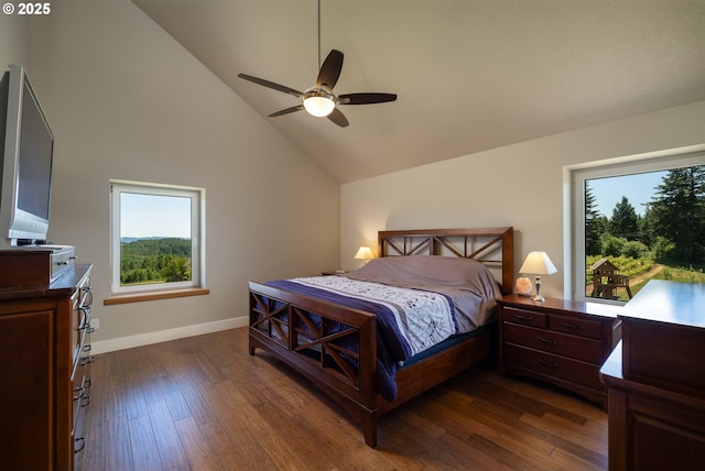 bedroom with baseboards, high vaulted ceiling, dark wood-style floors, and multiple windows