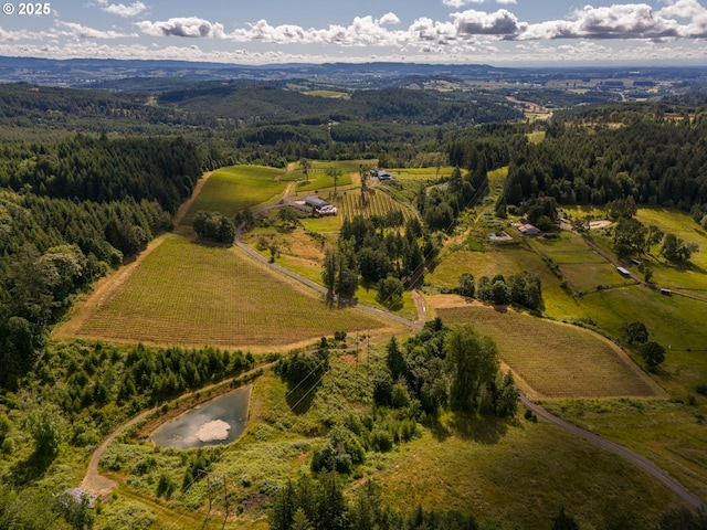 bird's eye view featuring a view of trees and a rural view