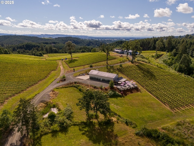 birds eye view of property featuring a rural view and a wooded view
