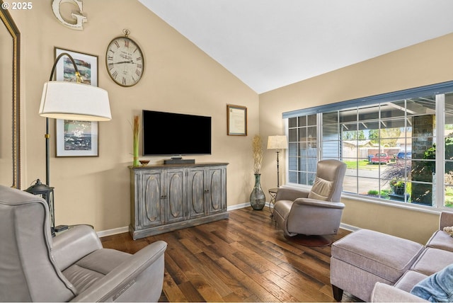 living room with baseboards, dark wood-style flooring, and vaulted ceiling