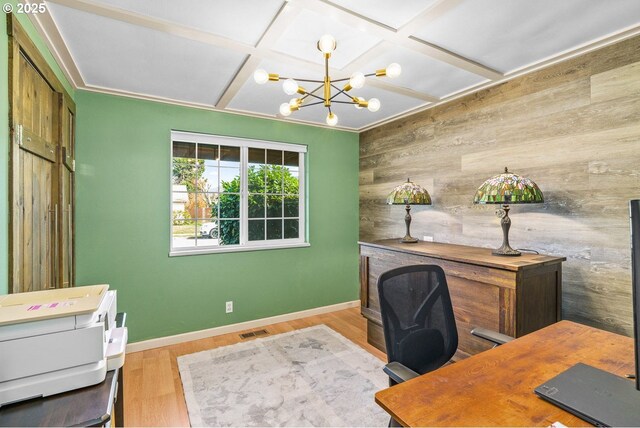 office space with coffered ceiling, an accent wall, wooden walls, wood finished floors, and an inviting chandelier