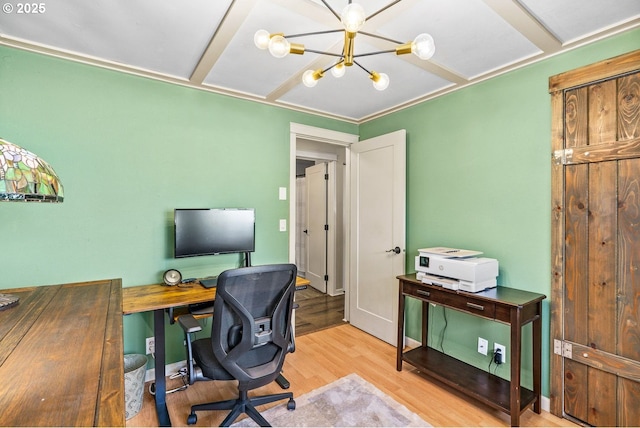 office featuring baseboards, a notable chandelier, and wood finished floors