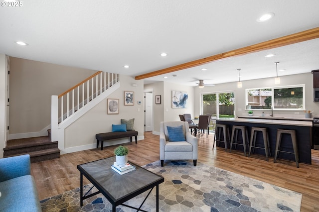 40 SW 150th Ave, Beaverton, OR 97006 - living room featuring stairs, wood finished floors, recessed lighting, and ceiling fan