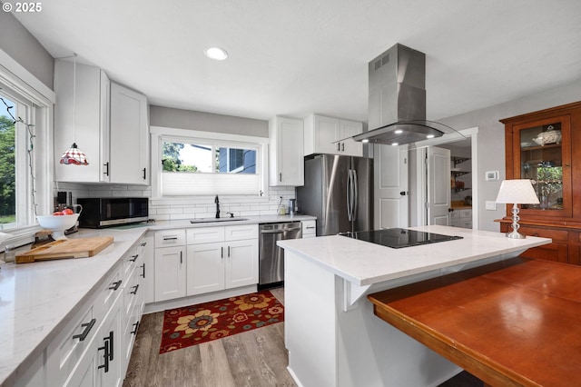 48521 E 1st St, Oakridge, OR 97463 - kitchen featuring stainless steel appliances, a sink, island exhaust hood, wood finished floors, and decorative backsplash