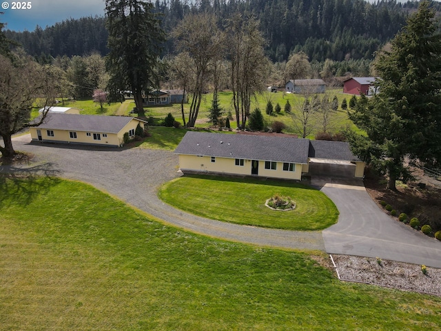 bird's eye view with a wooded view