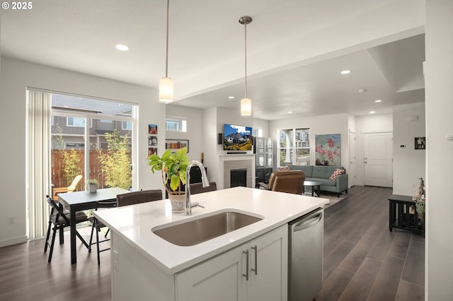 833 S 25th Ter, Cornelius, OR 97113 - kitchen with dishwasher, a fireplace, dark wood-style flooring, recessed lighting, and healthy amount of natural light