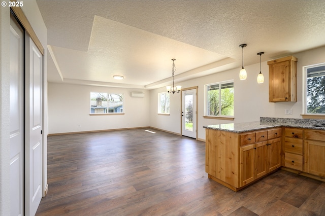 440 NW Gutbrod St, Sheridan, OR 97378 - kitchen with an inviting chandelier, a textured ceiling, dark wood-style flooring, and a tray ceiling