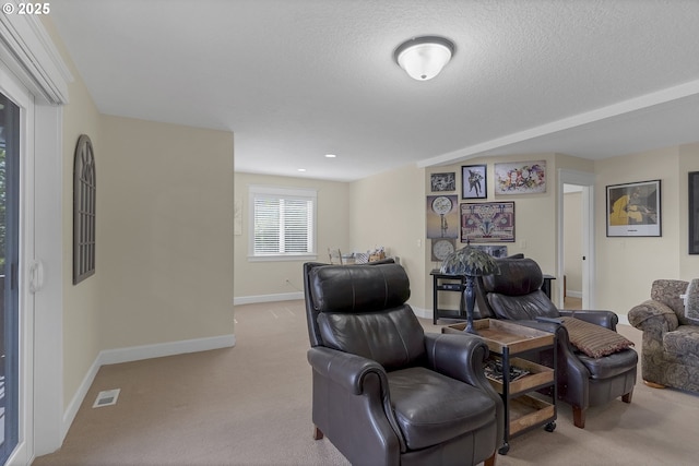 carpeted living room with a textured ceiling