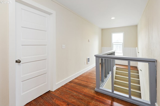 22621 Noti Loop, Noti, OR 97461 - hall featuring an upstairs landing, dark wood-style flooring, ornamental molding, recessed lighting, and baseboards